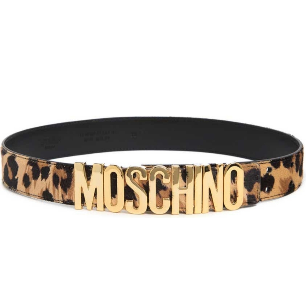 Moschino Genuine Hair Leopard-Print Logo Belt Womens